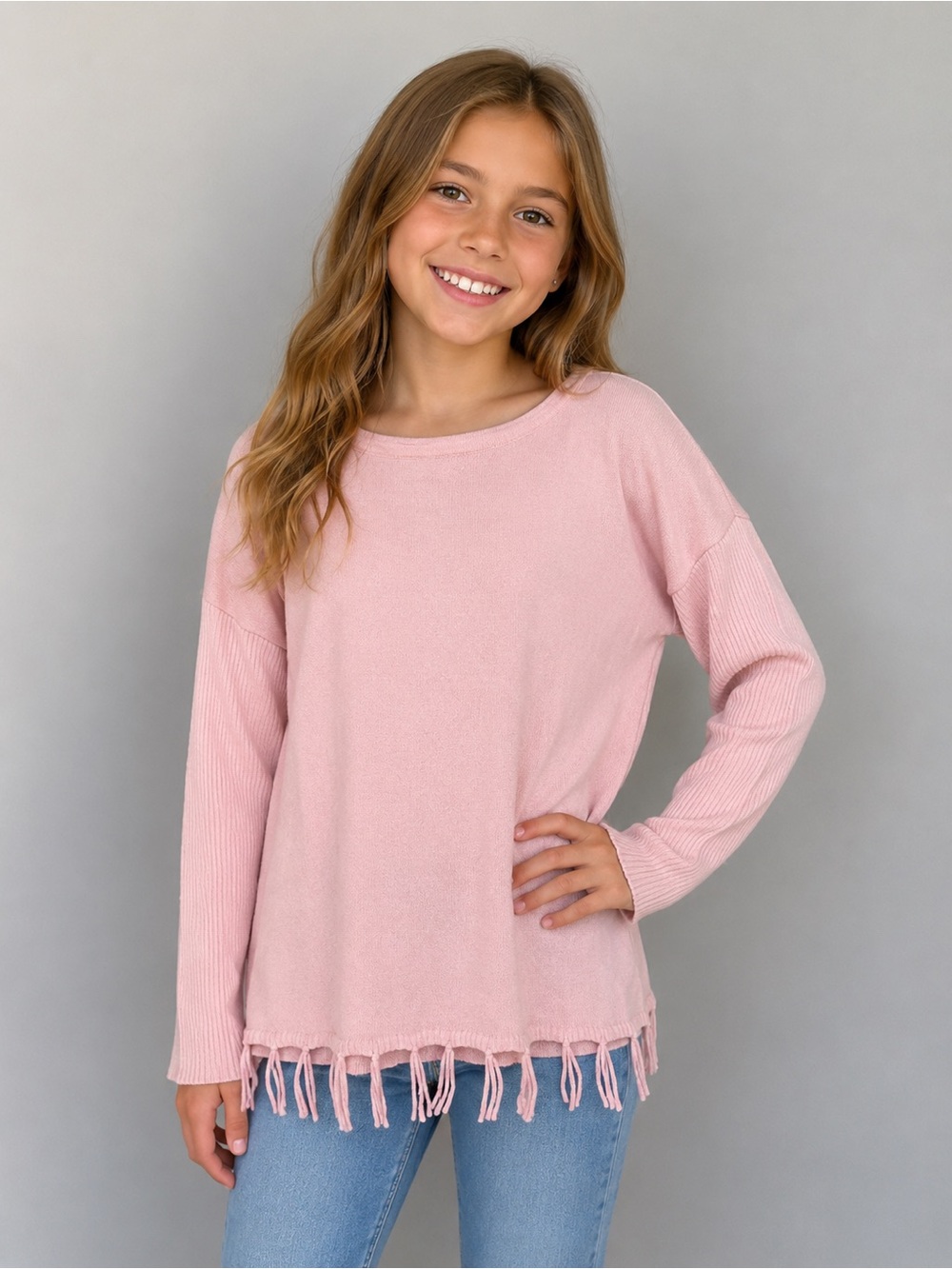 Lilly Pulitzer Girls' Light Pink Fringe Hem Long Sleeve Sweater